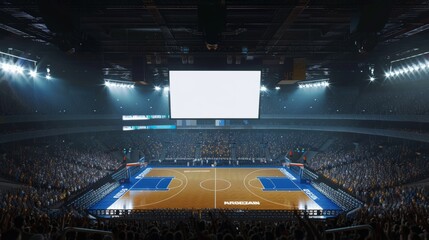 Basketball arena filled with spectators, illuminated by bright lights, with a large digital scoreboard above the court. Exciting game atmosphere.
