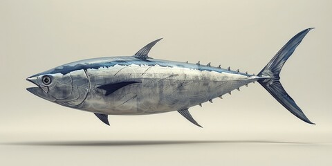 Realistic bluefin tuna fish with detailed scales and fins, showcasing its sleek and powerful form against a plain background.