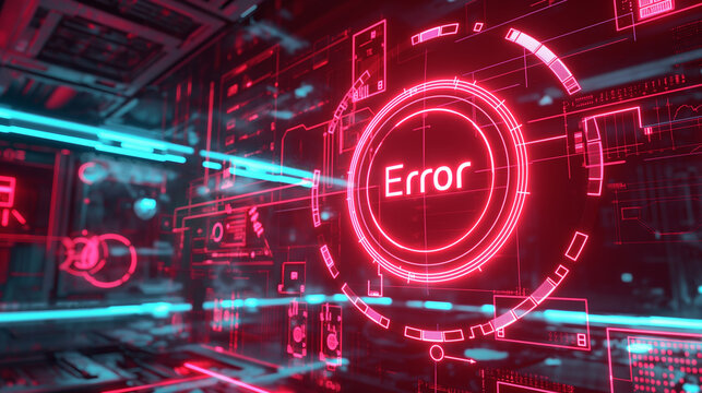 Futuristic Cybersecurity Alert: Holographic Error Warning in High-Tech Digital Environment with Neon Red Illumination and Data Streams