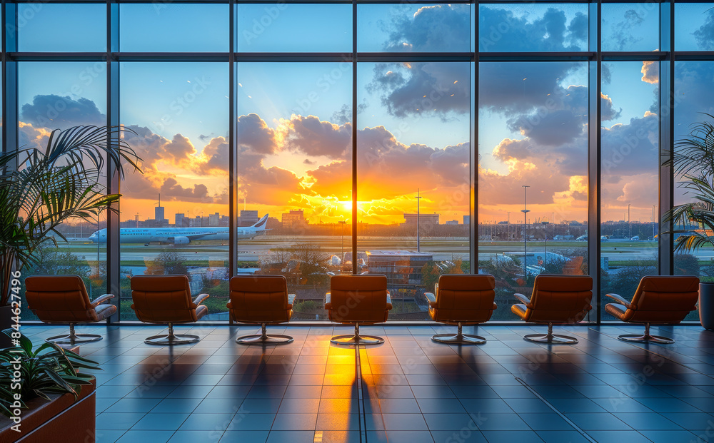 Poster a view of a city from a window with a sunset in the background