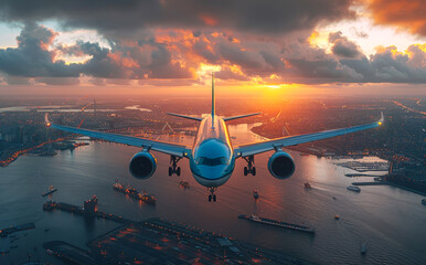 A large jet is flying over a city with a beautiful sunset in the background