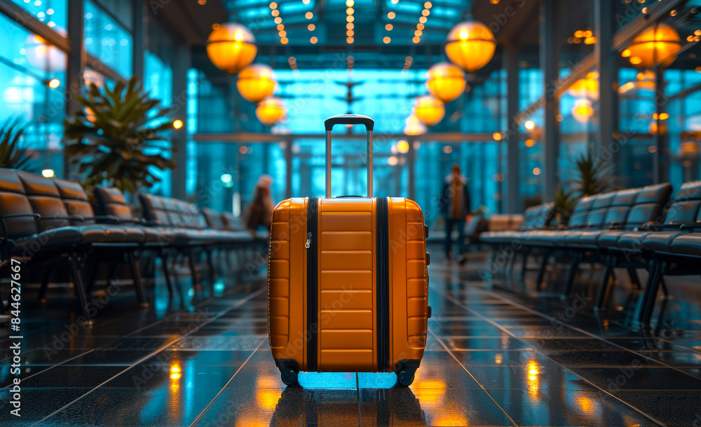 Wall mural A suitcase is sitting on the floor in a large airport terminal