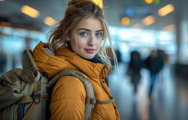 Fototapeta premium A woman wearing a yellow jacket and backpack is smiling for the camera