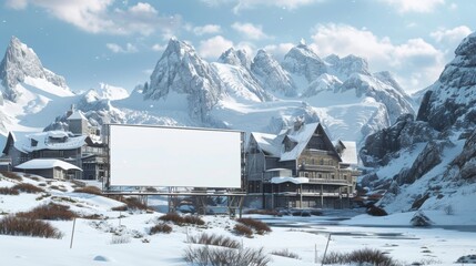 Winter snowy village with majestic mountains, outdoor blank billboard screen, cozy wooden cabins, clear blue sky, serene landscape, perfect for skiing.