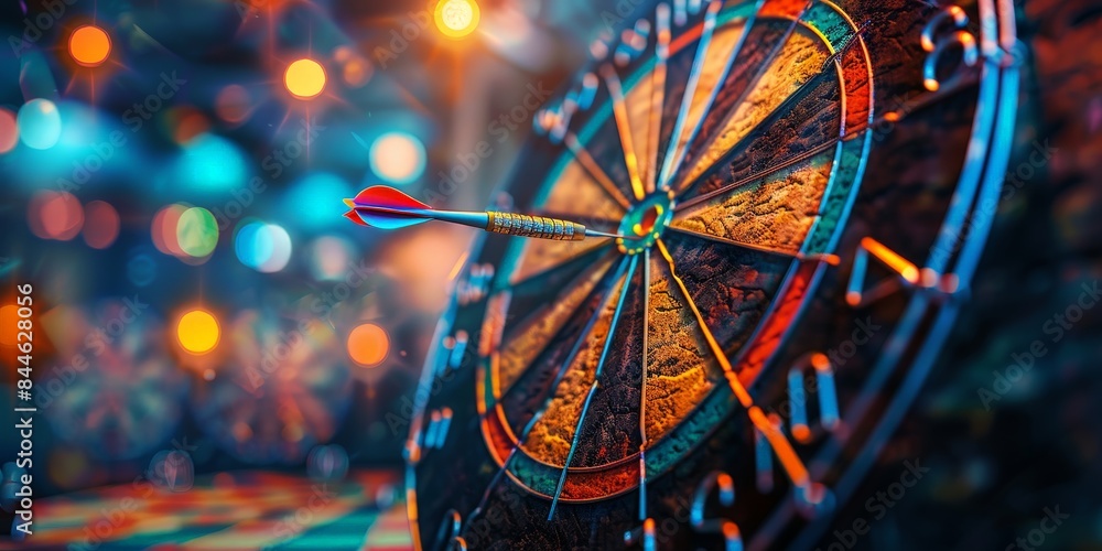 Poster dart hitting the bullseye on a colorful dartboard with vibrant bokeh lights in the background, repre