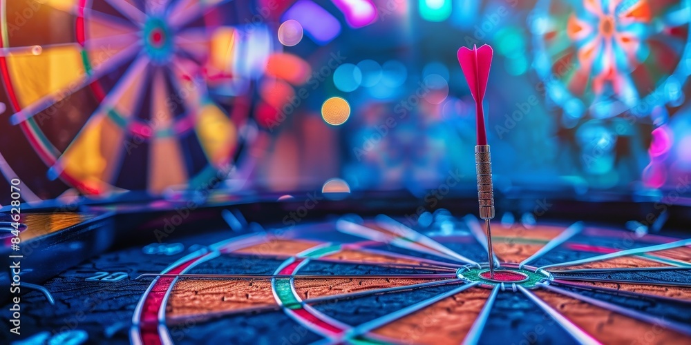 Poster dart hitting the bullseye on a colorful dartboard with vibrant bokeh lights in the background, repre