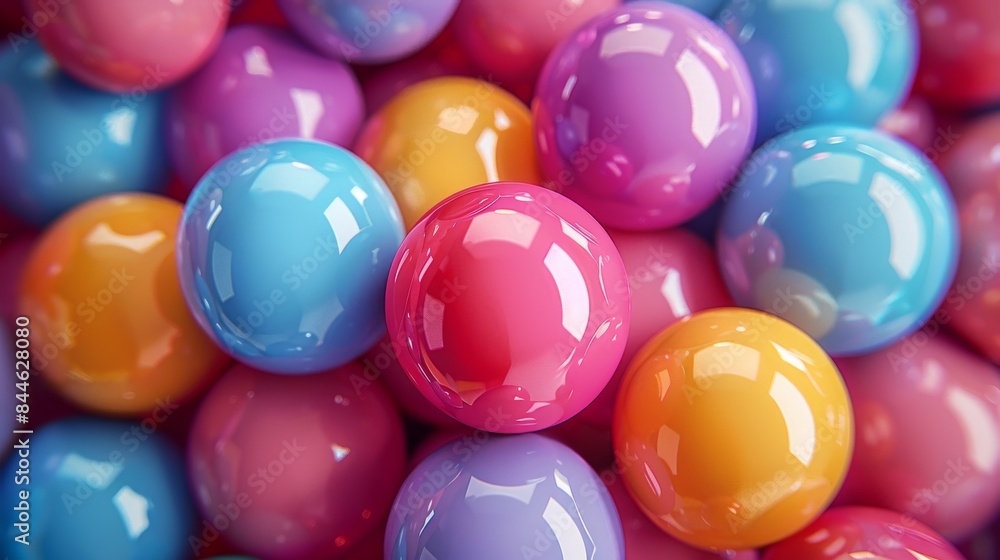 Poster a close-up image featuring a collection of shiny, multi-colored balls arranged in no particular orde