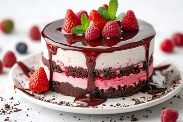 Chocolate cake with strawberries and whipped cream, served on a white plate, food photography, rich and delicious dessert option