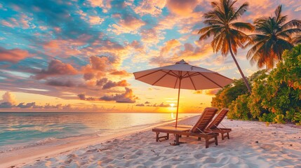 Stunning tropical beach at sunset. Two lounge chairs under a beach umbrella facing the ocean. Vibrant colors in the sky create a perfect evening. Ideal for travel and relaxation concepts. AI