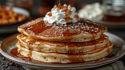 Fluffy pancakes stacked high, topped with cream and drizzled with golden syrup