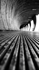 Monochrome photo of a curved tunnel with vertical lines leading to the light at the end. Urban Landscape. City.