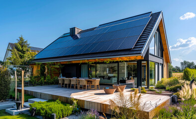 Obraz premium A large house with a large patio and a solar panel on the roof