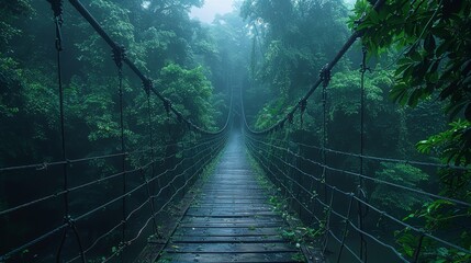 Obraz premium An atmospheric image capturing the eerie feeling of an empty suspension bridge leading into a foggy jungle