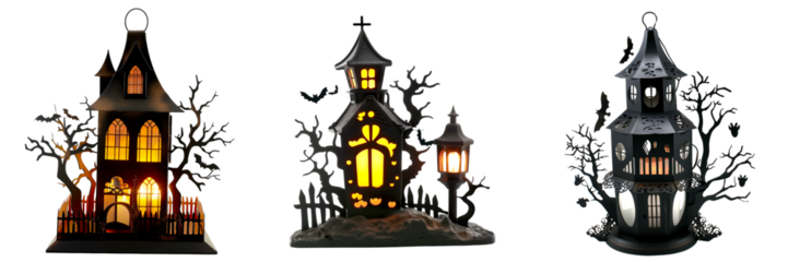 set of lantern with a haunted house silhouette isolated on transparent background