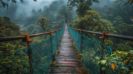 Fototapeta premium A mysterious suspension bridge shrouded in mist within a lush rainforest setting