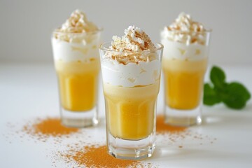 Lemon meringue parfait with whipped cream, served in clear glasses, food photography, vibrant and refreshing dessert option