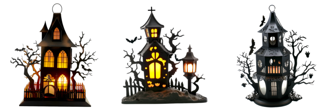 set of lantern with a haunted house silhouette isolated on transparent background