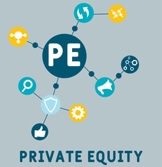 PE - Private Equity  acronym. business concept background. vector illustration concept with keywords and icons. lettering illustration with icons for web banner, flyer