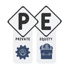 PE - Private Equity  acronym. business concept background. vector illustration concept with keywords and icons. lettering illustration with icons for web banner, flyer