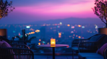 The blurred night sky in shades of deep blues and purples blending seamlessly with the ling city lights in the distance providing a serene and muted backdrop for a trendy rooftop bar .