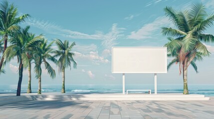 A serene ocean view with palm trees, a blank white billboard, a bench, and a clear blue sky, perfect for relaxation and advertising.