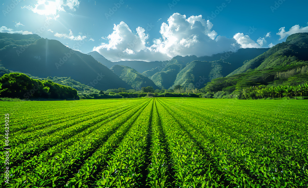 Wall mural a field of green grass with a mountain in the background