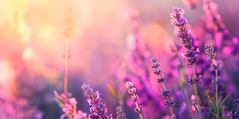 Naklejka premium Lavender flowers in a meadow with dreamy backdrop with a blend of warm and cool tones. Perfect for backgrounds, greeting cards, and nature related projects. Text space