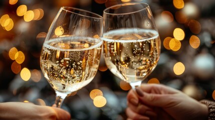 Clinking champagne glasses in a hands of people with festive lights in the background represent celebration and joy