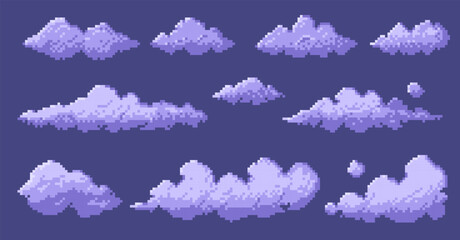 Pixelated 8 bit clouds. Retro video game sky background, digital 2D sprite asset, blue white cloud shapes for game design. Vector isolated set