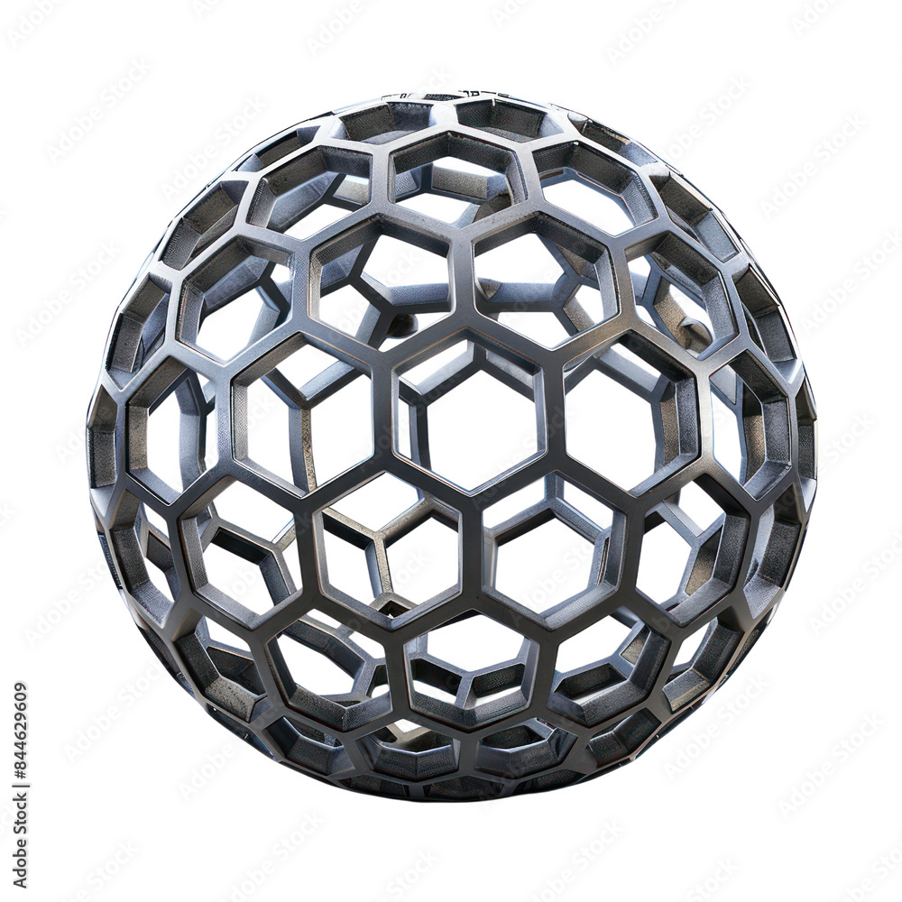 Poster Metallic 3D geometric sphere with hexagonal and pentagonal patterns, isolated on a white background, showcasing modern design and technology.