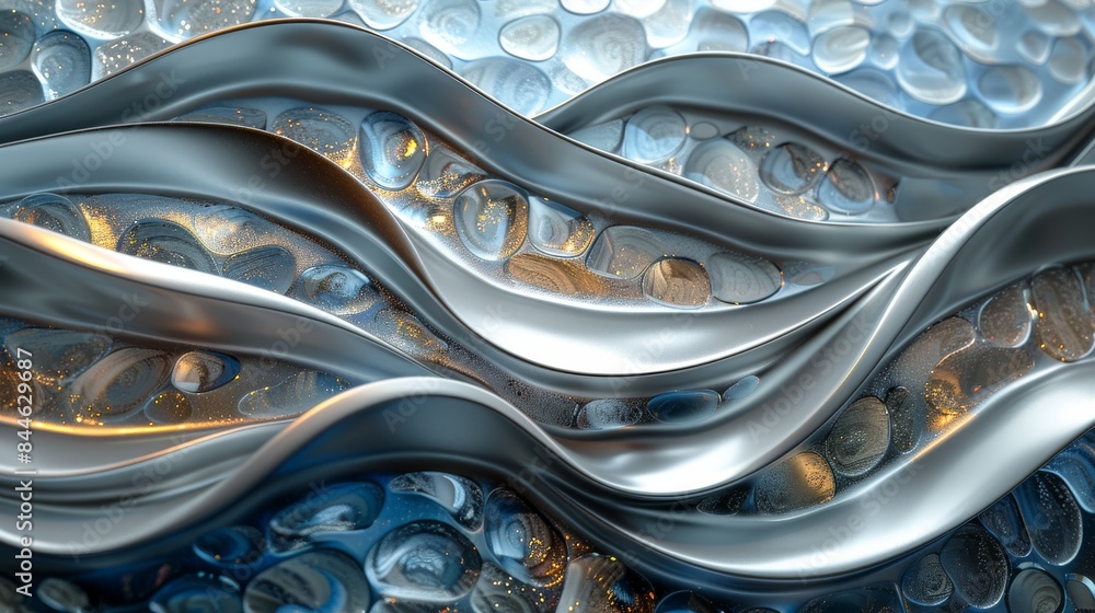 Poster 3d rendered image of metallic surface with bubbles creating a fluid and organic texture
