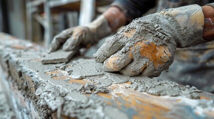Fototapeta premium Close-up of a construction worker's hands applying wet cement while building a structure