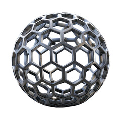 Metallic 3D geometric sphere with hexagonal and pentagonal patterns, isolated on a white background, showcasing modern design and technology.