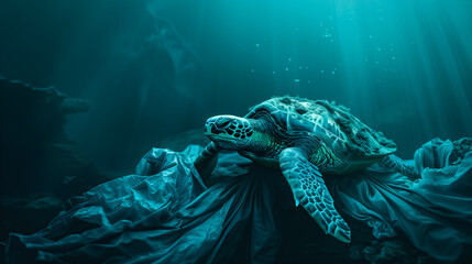 Fototapeta premium A turtle swims close to a floating plastic bag in the ocean. The issue of plastic pollution in the ocean. Generative AI.
