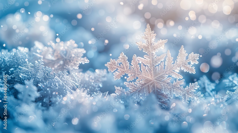 Poster a unique snowflake is featured in stunning detail against a sparkling bokeh background, highlighting