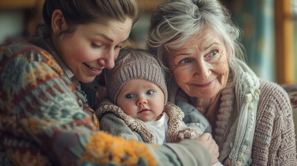 Obraz premium Tender Family Moment: Elderly Grandmother, Young Mother, and Baby Wearing Knitted Hats Indoors.