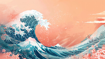 Fototapeta premium In a classic Japanese artwork style, a mesmerizing Japan-style blue wave unfolds beneath a captivating sunset sky