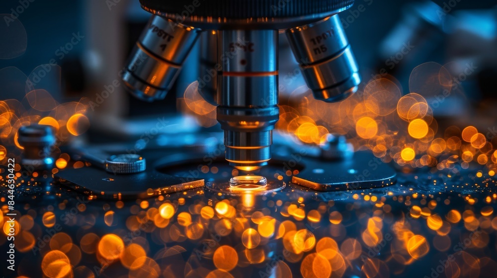 Poster a close-up of a laboratory microscope with vibrant orange bokeh background, emphasizing research and