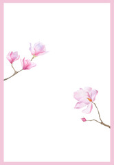 Postcard template Watercolor magnolia Delicate background Spring pink flower poster Floral frame for wallpaper certificate logo design Women's day 2025 Mother's day decoration Botanical border 