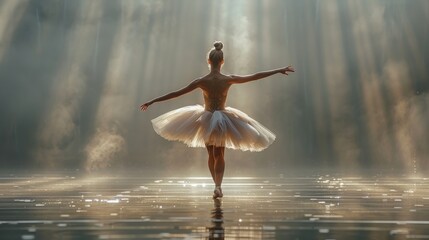 A graceful ballerina with outstretched arms performs elegantly by reflective water under spotlights
