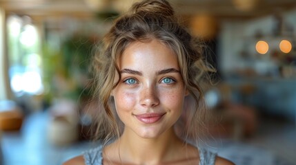 Fototapeta premium A youthful woman with an updo hairstyle and a fresh-looking face smiles gently in a well-lit, warm indoor setting