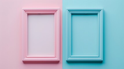 Two framed pictures side by side, one pink and one blue