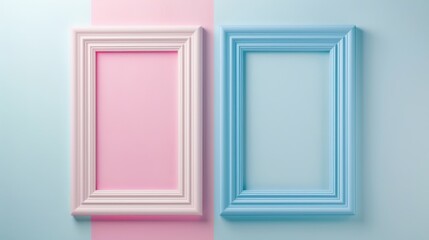 Two framed pictures side by side, one pink and one blue