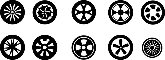 Set of vector icons, black and white silhouette wheels for car