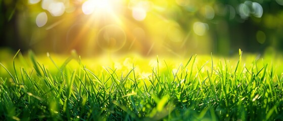 Obraz premium Beautiful natural background image of young lush green grass in the bright sunlight of a summer spring morning