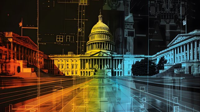 Create an artistic representation of the three branches of government, showcasing the executive, legislative, and judicial branches in a dynamic and interconnected way.