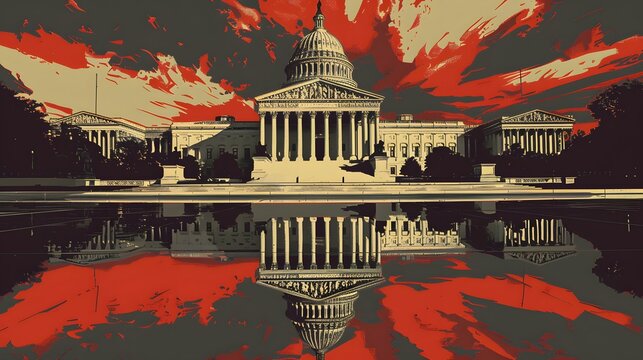 Create an artistic representation of the three branches of government, showcasing the executive, legislative, and judicial branches in a dynamic and interconnected way.