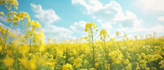 Beautiful panorama of a flowering rapeseed field Against the background of a blurred blue sky with clouds