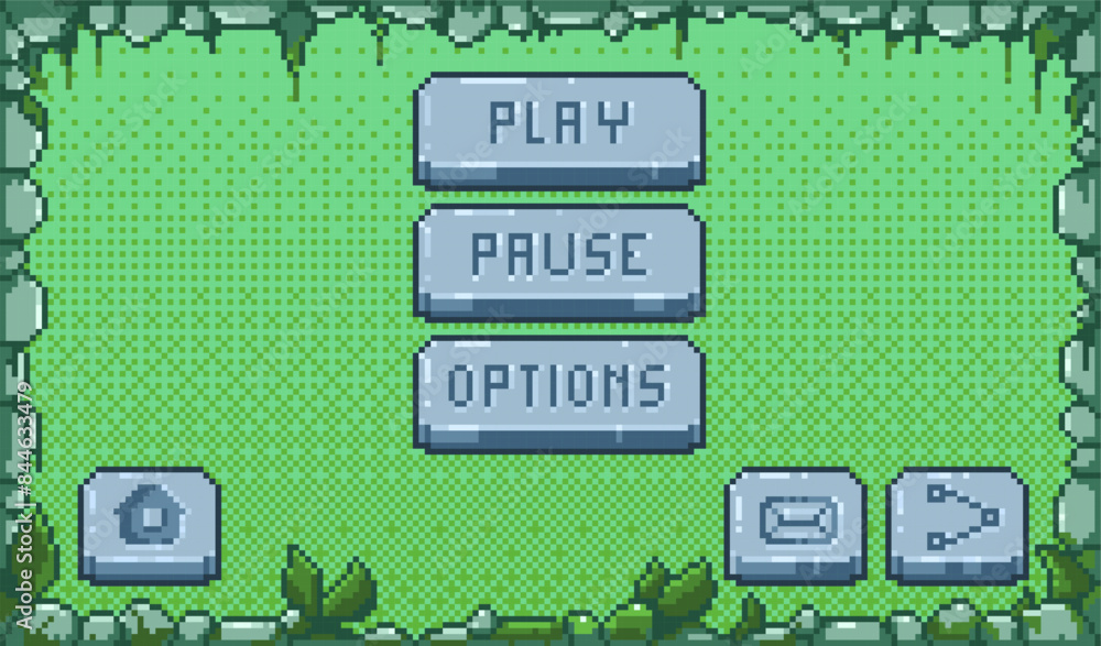 Poster pixel game menu. retro video game buttons, 8 bit asset, ui interface elements for mobile. vector arc