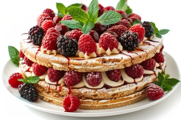 Stack of pancakes with fresh berries and syrup, highlighting a delicious and hearty breakfast option with vibrant colors and textures